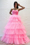 Pink Strapless Layers Prom Dress with Lace Up Back, A Line Floor Length Evening Dress UQ2602