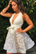 Ivory Lace Applique Halter Homecoming Dresses, Sleeveless Short Party Dress UQ1818