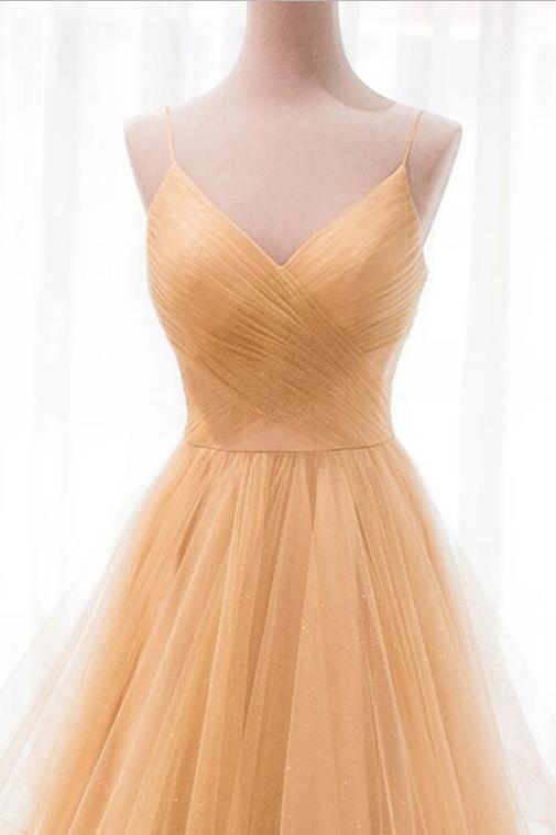 Spaghetti Straps V Neck Sparky Long Prom Dress, Backless Pleated Tulle Party Dresses UQ2587