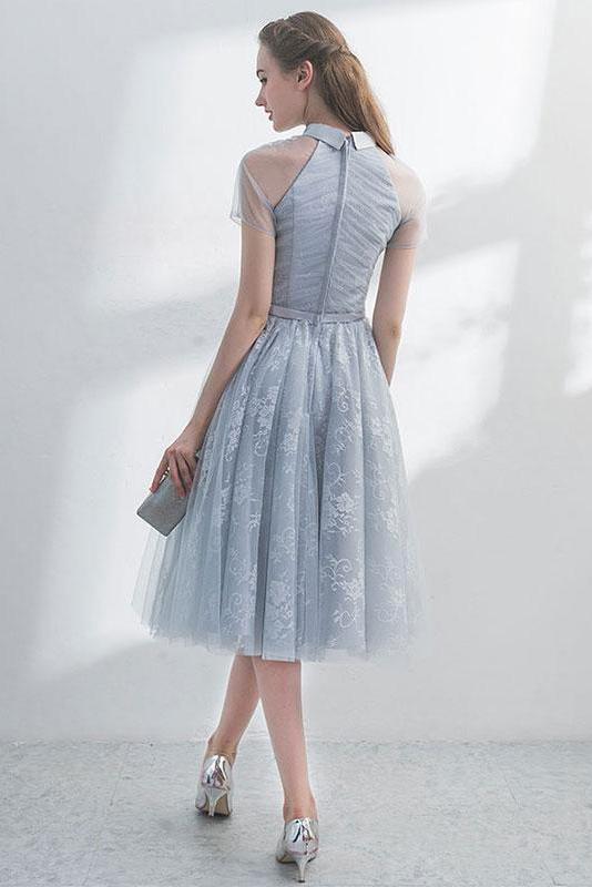 A Line Short Sleeves Tulle Homecoming Dress with Lace, Cute Short Prom Dress with Lace UQ1908