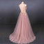 Pink V Neck Sleeveless Tulle Prom Dress with Appliques, A Line Tulle Evening Dress UQ2338