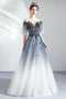 Floor Length Half Sleeves Tulle Long Ombre Prom Dress with Appliques UQ2318