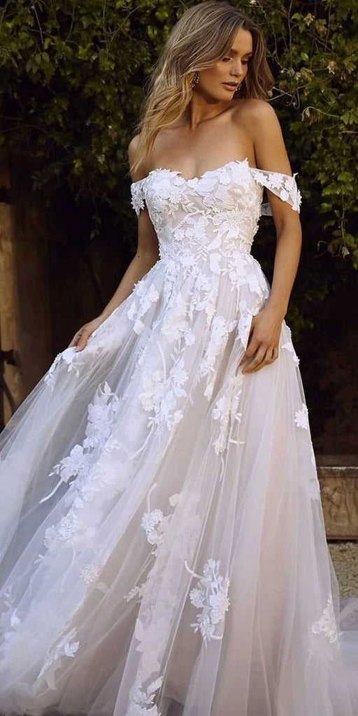 White Off Shoulder Tulle Lace Appliqued Beach Wedding Dress, Romantic Bridal Dresses UQ2547