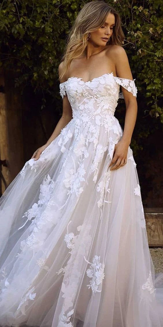 White Off Shoulder Tulle Lace Appliqued Beach Wedding Dress
