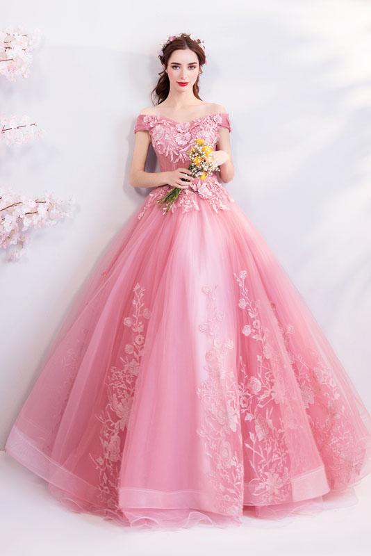 Pink Off the Shoulder Puffy Tulle Prom Dresses, Floor Length Appliqued Quinceanera Dress UQ2279
