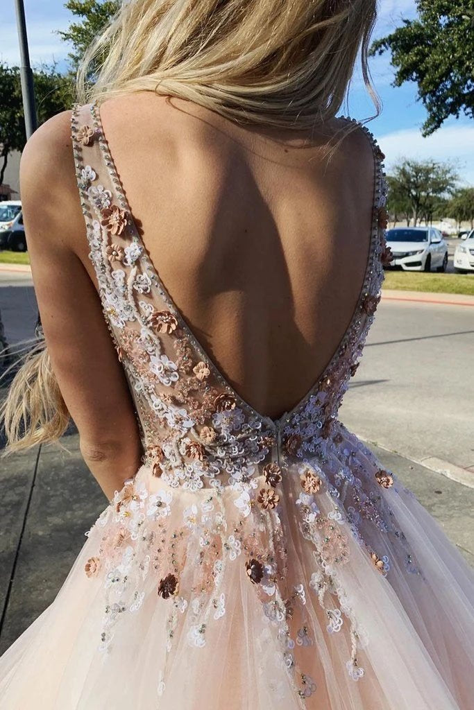 Light Pink V Neck Sleeveless Tulle Prom Dress with Flowers and Beads U –  Uniquedresss