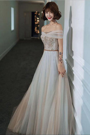Light Gray Tulle Lace Long Prom Dress, Floor Length Off the Shoulder Formal Dresses UQ2579
