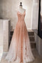 Unique Spaghetti Straps V Neck Sleeveless Tulle Prom Dresses, A Line Party Dresses UQ2090