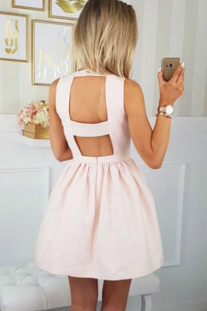 Unique V Neck Satin Homecoming Dress with Pocket, Short Prom Dress with Open Back UQ1893