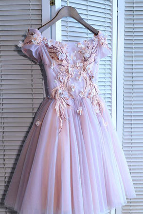 A Line Off the Shoulder Tulle Homecoming Dress with Beads and Flowers UQH0130