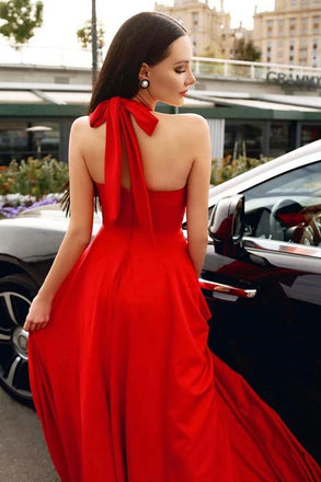 Stylish Red Halter Long Prom Dress, Floor Length Sleeveless Evening Dresses with Pockets UQ2619