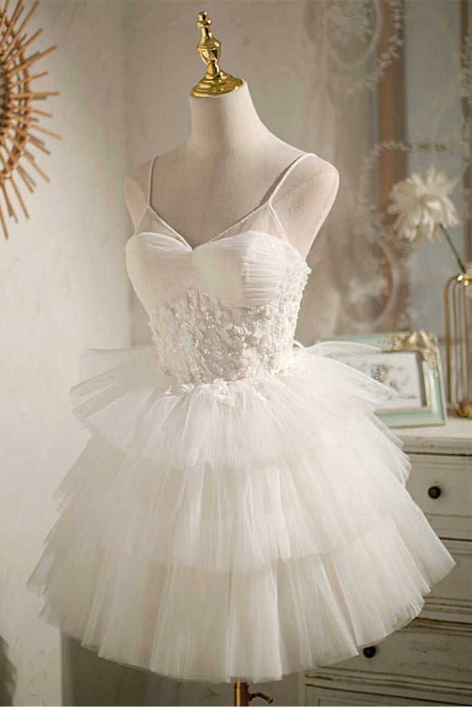 Ivory Tiered Spaghetti Straps Tulle Homecoming Dresses, Short Prom Gown UQH0108