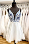 Ivory Deep V Neck Short Homecoming Dress with Beading, Straps Chiffon Short Prom Dress UQ2118