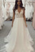 A Line V Neck Tulle Beach Wedding Dress with Lace, Ivory Lace Top Long Bridal Dresses N2361