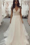 A Line V Neck Tulle Beach Wedding Dress with Lace, Ivory Lace Top Long Bridal Dresses UQ2361