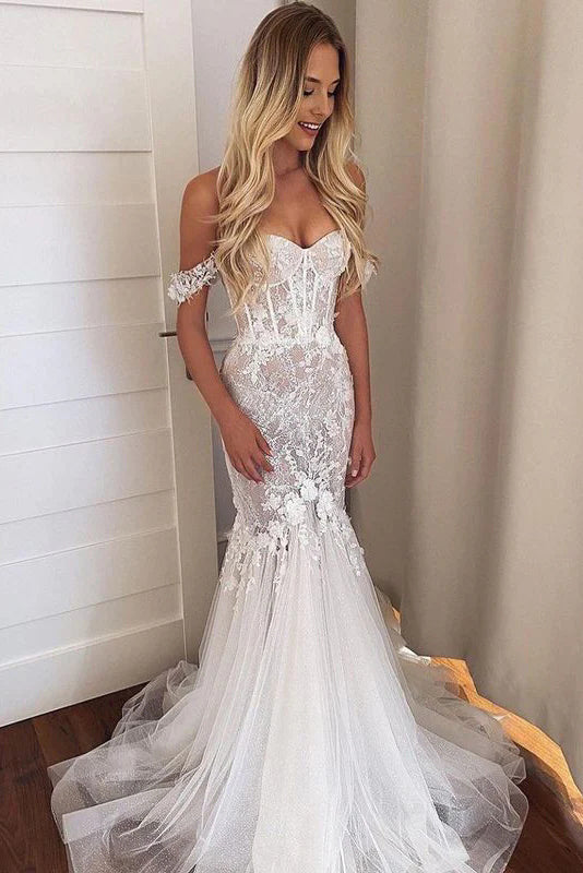 Ivory Off the Shoulder Mermaid Tulle Wedding Dress with Lace, Bridal Dresses UQW0068