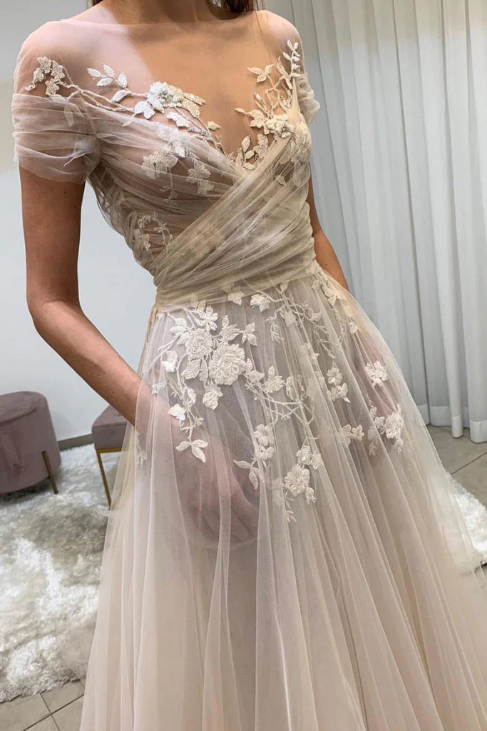 Ivory Sheer Neck Short Sleeves Tulle Prom Dress Lace Appliques with Pockets
