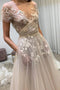 Ivory Sheer Neck Short Sleeves Tulle Prom Dress Lace Appliques with Pockets UQP0201