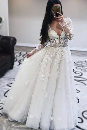 Ivory V Neck Long Sleeves Tulle Bridal Gown with Lace Appliques Wedding Dress UQW0049