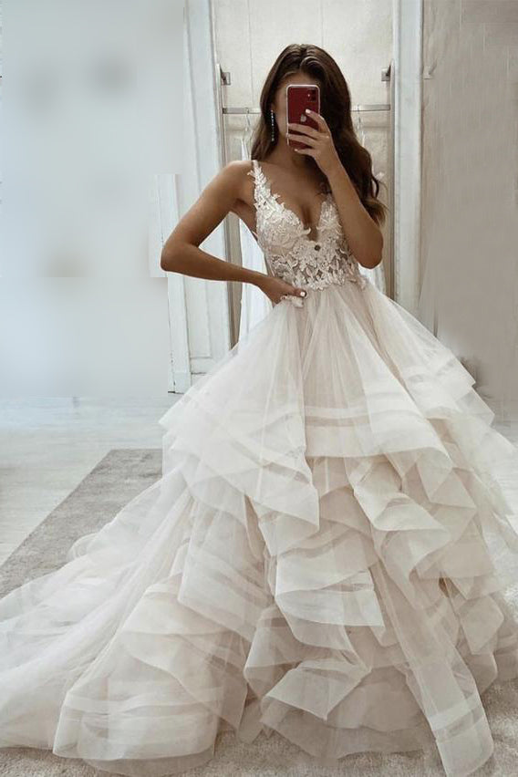 Puffy Tired V Neck Sleeveless Tulle Wedding Dress with Appliques, Bridal Dress UQW0033