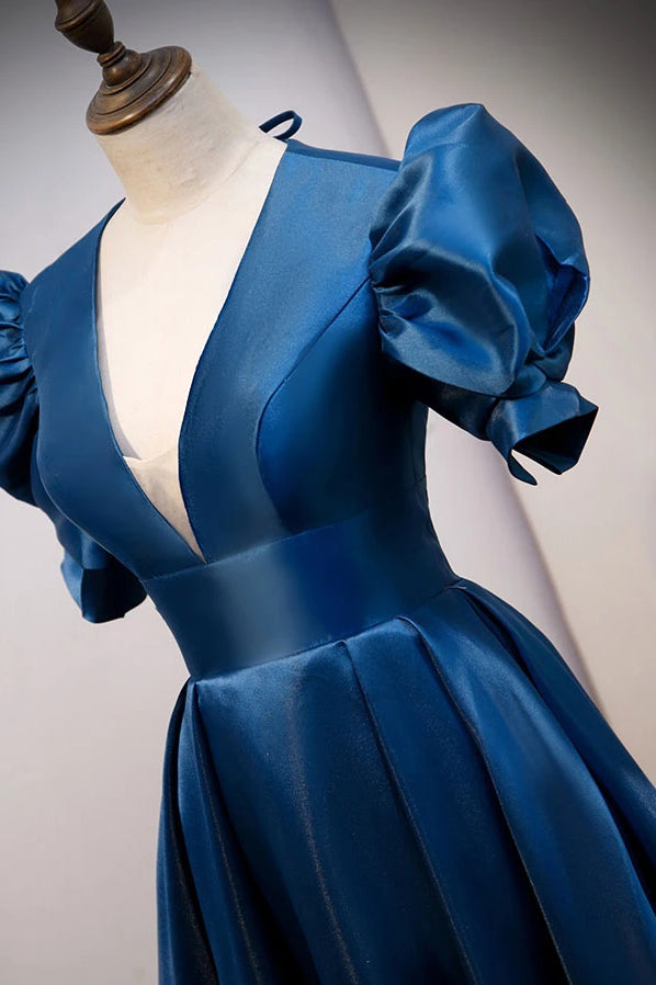 Blue V Neck Satin Short Sleeves Long Prom Dress Blue Satin Evening Dress UQP0047