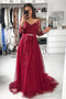 Burgundy V Neck Long Sleeves A Line Appliqued Tulle Prom Dress with Beading Belt UQ2567