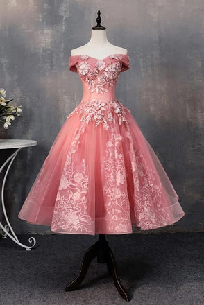 Knee Length Tulle Graduation Dress with Appliques, Off the Shoulder Dress with Flowers N2134