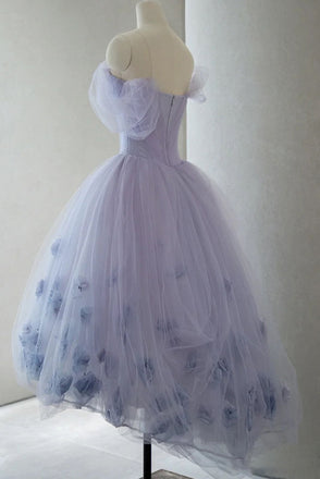Lavender Off the Shoulder Tulle Homecoming Dress, Hi Lo Dress with Flowers UQH0103
