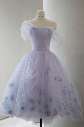 Lavender Off the Shoulder Tulle Homecoming Dress, Hi Lo Dress with Flowers UQH0103