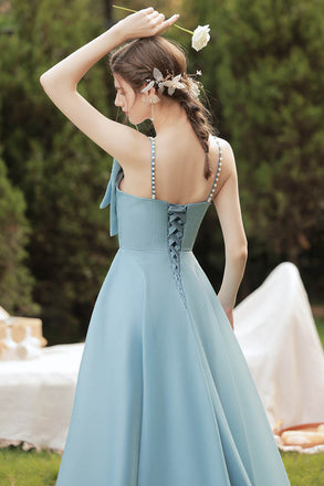 Lake Blue Straps Floor Length Chiffon Prom Gown, Long Dance Dress with Bowknot UQP0097