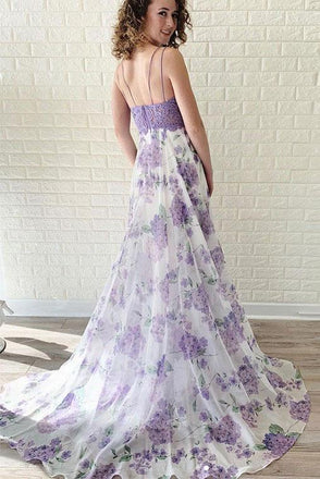 Lavender Spaghetti Straps V Neck Floral Chiffon Prom Dress with Lace UQ2467