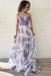 Lavender Spaghetti Straps V Neck Floral Chiffon Prom Dress with Lace UQ2467