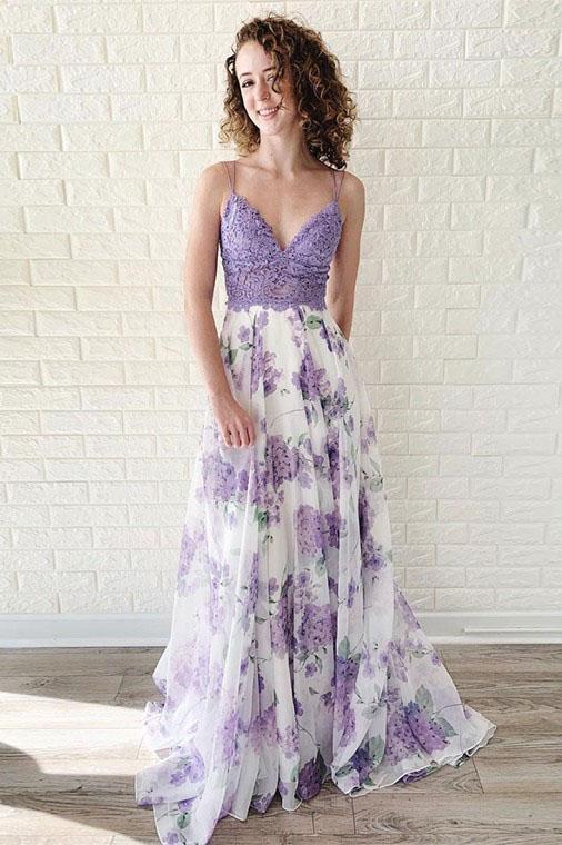 Lavender Spaghetti Straps V Neck Floral Chiffon Prom Dress with Lace N2467