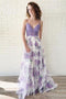 Lavender Spaghetti Straps V Neck Floral Chiffon Prom Dress with Lace UQ2467