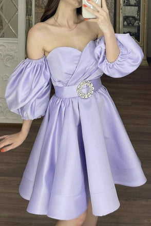 Lavender Sweetheart Satin Homecoming Dress, Short Prom Dress with Sleeves UQH0094