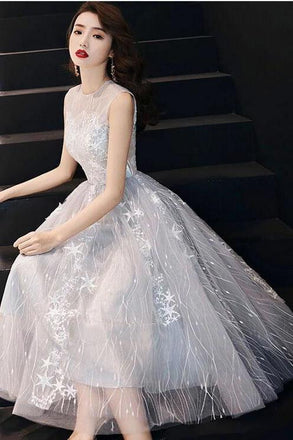 Light Gray Tulle Homecoming Dress, A Line Tea Length Tulle Prom Gown N2192