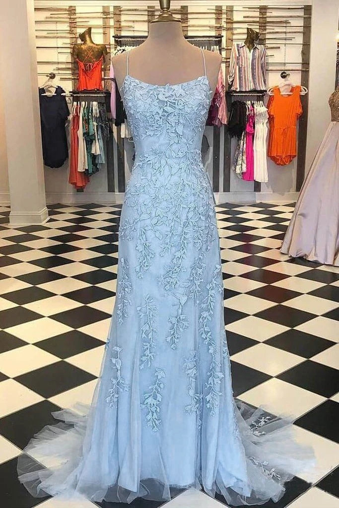 Hot Selling Blue Mermaid Spaghetti Strap Prom Dress with Lace Appliques UQP0002