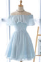 Light Blue Off the Shoulder Chiffon Homecoming Dress, Cute Short Graduation Dress UQ2001