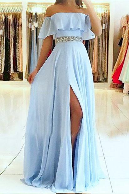 Light Blue Off the Shoulder Split Prom Dress with Beading Waist, Flowy Party Dresses UQ1751