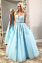 Light Sky Blue V Neck Tulle Prom Dress with Lace Appliques, Long Formal Dress with Beads UQ1760