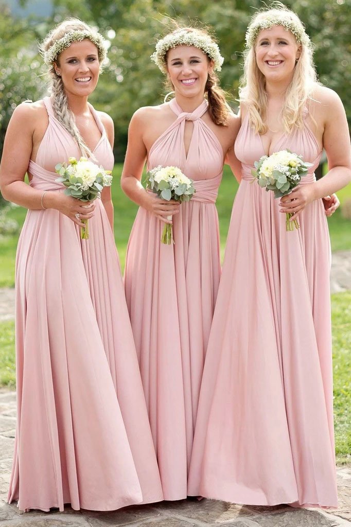 Light Pink A-Line Floor Length Pleated Bridesmaid Dresses Multiple Bridesmaid Dresses UQ2370