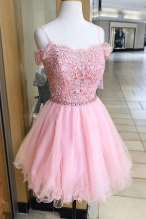 Cold Shoulder Pink Homeocming Dress with Crystals, Cute Tulle Graduation Dress with Lace UQ2117