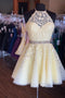 Light Yellow Halter Homecoming Dress with Lace Appliques, A Line Graduation Dress with Beads UQ2132