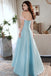 Light Blue A Line Off the Shoulder Floor Length Satin Prom Dress with Bowknot UQP0114
