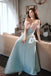 Light Blue A Line Off the Shoulder Floor Length Satin Prom Dress with Bowknot UQP0114