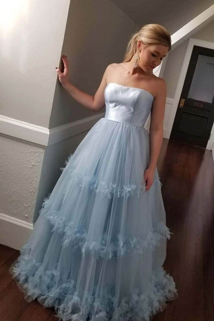 Light Blue Strapless Tulle Prom Dress, Cheap Long Formal Gown UQP0074