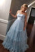 Light Blue Strapless Tulle Prom Dress, Cheap Long Formal Gown UQP0074