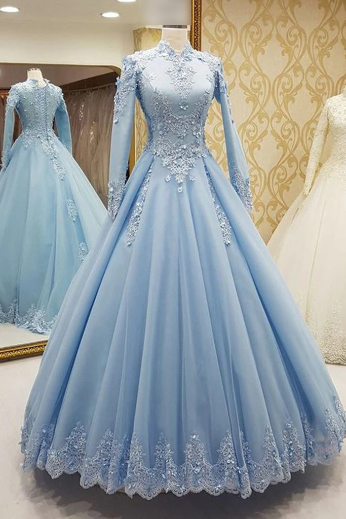 Gorgeous High Neck Long Sleeves Puffy Prom Dress, Light Blue Long Evening Dress UQP0022