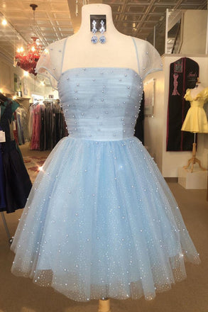 Light Blue Sparkly Short Sleeves Tulle Prom Dress Homecoming Gown with Pearls UQH0140