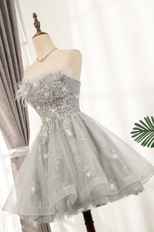 A Line Strapless Light Gray Tulle Short Homecoming Dress with